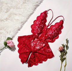 Romantic Red Lace Bodysuit with Scalloped Trim and Bows