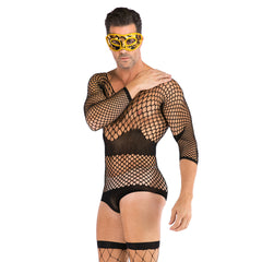 Long-Sleeve Fishnt Mesh Short Bodystocking