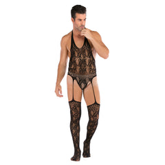 Jacquard Neck-Hanging Teddy Open-Front Mesh