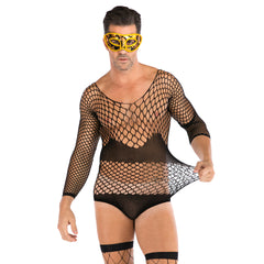 Long-Sleeve Fishnt Mesh Short Bodystocking