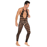 Striped Mesh Neckline Hollow Bodystocking