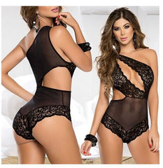 One Shoulder Mesh Lace Teddy With Asymmetrical Cutouts