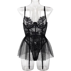 Black Lace Babydoll with Garter and Sheer Glove Accents