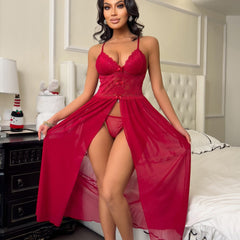 Scarlet Lace Long Babydoll with Flowing Mesh Skirt