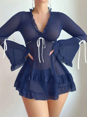Ruffle Mesh Babydoll with Bell Sleeves and Satin Tie