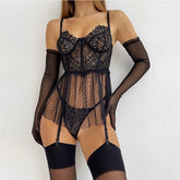 Black Lace Babydoll with Garter and Sheer Glove Accents