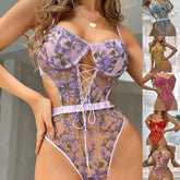 Floral Embroidered Corset Teddy With Lace-Up Front