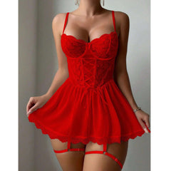Corset Style Mesh Babydoll with Garter Straps