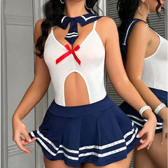Sailor Schoolgirl Costume Set with Cut-Out Bodysuit and Mini Skirt
