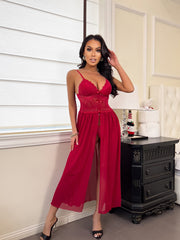 Scarlet Lace Long Babydoll with Flowing Mesh Skirt