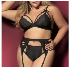 Strappy Lace Bra and Garter Belt Lingerie Set with Panty