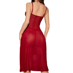 Alluring Red Lace Trim Mesh Midi Chemise with High Slit