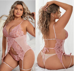 Plus Size Lace Bodysuit with Garter Straps and Thong