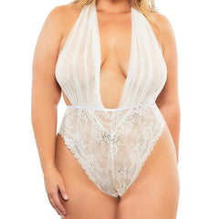 Deep V Mesh and Lace Babydoll Lingerie Bodysuit