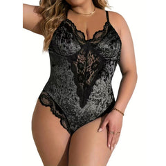 Velvet and Lace Plus Size Bodysuit with Strappy Back Design
