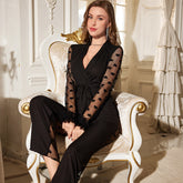 Cozy Heart Mesh Lounge Set with Sheer Sleeves & Tie Waist