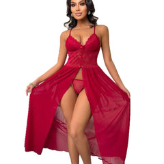 Scarlet Lace Long Babydoll with Flowing Mesh Skirt
