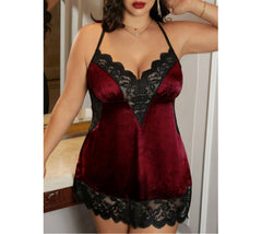 Velvet and Lace Trim Babydoll Chemise Nightie