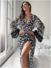 Sheer Leopard Print Robe with Ruffle Cuff Sleeves