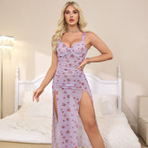 Floral Mesh Lingerie Dress with Side Slits and Ruffle Straps