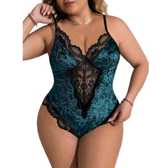 Velvet and Lace Plus Size Bodysuit with Strappy Back Design