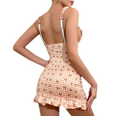 Sweet Orange Gingham Cherry Print Ruffle Mini Dress