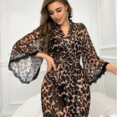 Leopard Sheer Robe with Lace Trim and Tie Waist