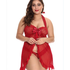 Ruffled Halter Neck Mesh Babydoll Lingerie Set with Bow Accent