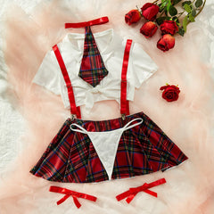 Temptation Schoolgirl Costume Set – Plaid Skirt, Tie Top & Cosplay & G-String