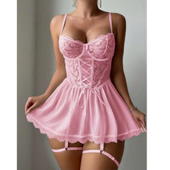 Corset Style Mesh Babydoll with Garter Straps