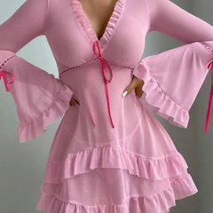 Ruffle Mesh Babydoll with Bell Sleeves and Satin Tie