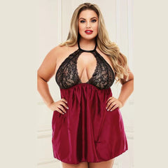 Plus Size Halter Neck Babydoll with Lace Bust and Flowy Skirt