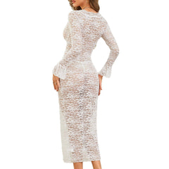 Elegant Whisper White Lace Maxi Gown with Bell Sleeves