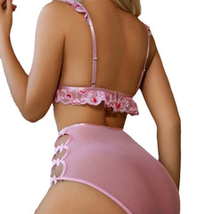 Pink Heart Lace Lingerie Set with High Waist Panty