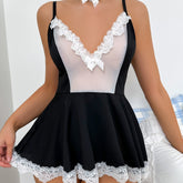Chic Monochrome Lace Babydoll Dress with Sheer Panel Detail