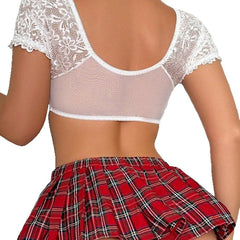 Plaid Skirt & Lace Crop Top Set with Mini Tie Detail