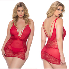 Lace Deep V-Neck Babydoll Lingerie Dress with G-String