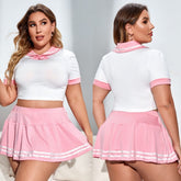 Adorable Plus Size Sailor Collar Crop Top and Pleated Mini Skirt Set