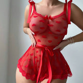 Red Heart Mesh Romper Lingerie with Satin Bow Straps