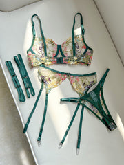 Floral Embroidery Lingerie Set with Garter Belt 3 Piece Mesh Bra and Panty