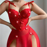 Floral Lace Corset Gown with Split Mesh Skirt and Shoulder Bows