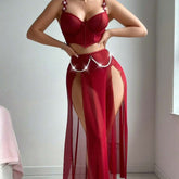 Moonlight Drape Mesh Lingerie Set with Pearl Chains