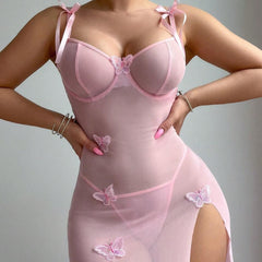 Dreamy Butterfly Mesh Dress with Shoulder Bows and Slit