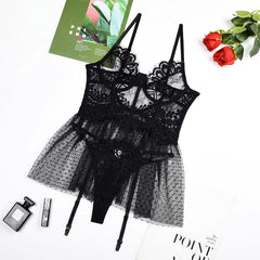 Black Lace Babydoll with Garter and Sheer Glove Accents