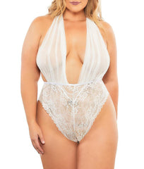 Plunge Neck Mesh and Lace Bodysuit Teddy Lingerie