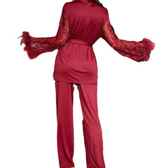 Glamorous Lace and Feather Trim Robe and Pant Set