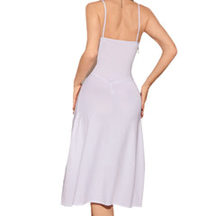Flirty Lace-Slit Slip Dress with Asymmetrical Hem and Tie Waist