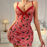 Cherry Print Chemise with Lace Trim and Crisscross Back