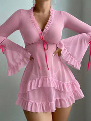 Ruffle Mesh Babydoll with Bell Sleeves and Satin Tie