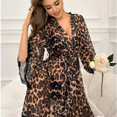 Leopard Sheer Robe with Lace Trim and Tie Waist